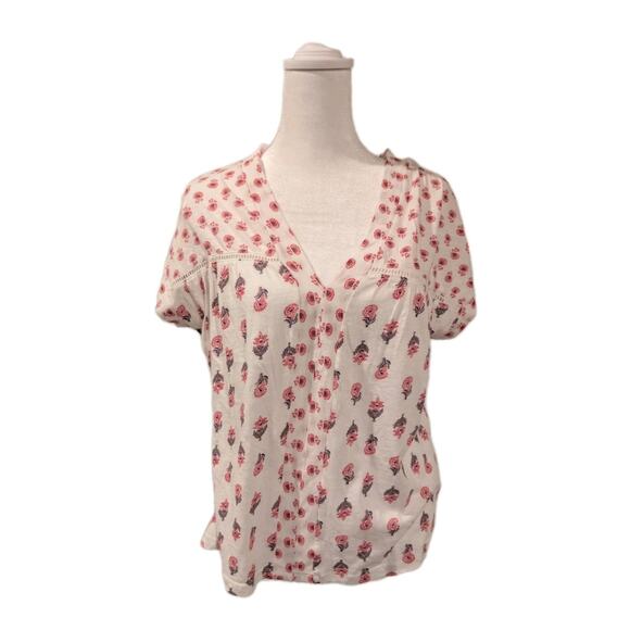 NWT Lucky Brand Women's Size Small Mixed Floral Print Split Neck Cotton T-Shirt - Picture 1 of 12